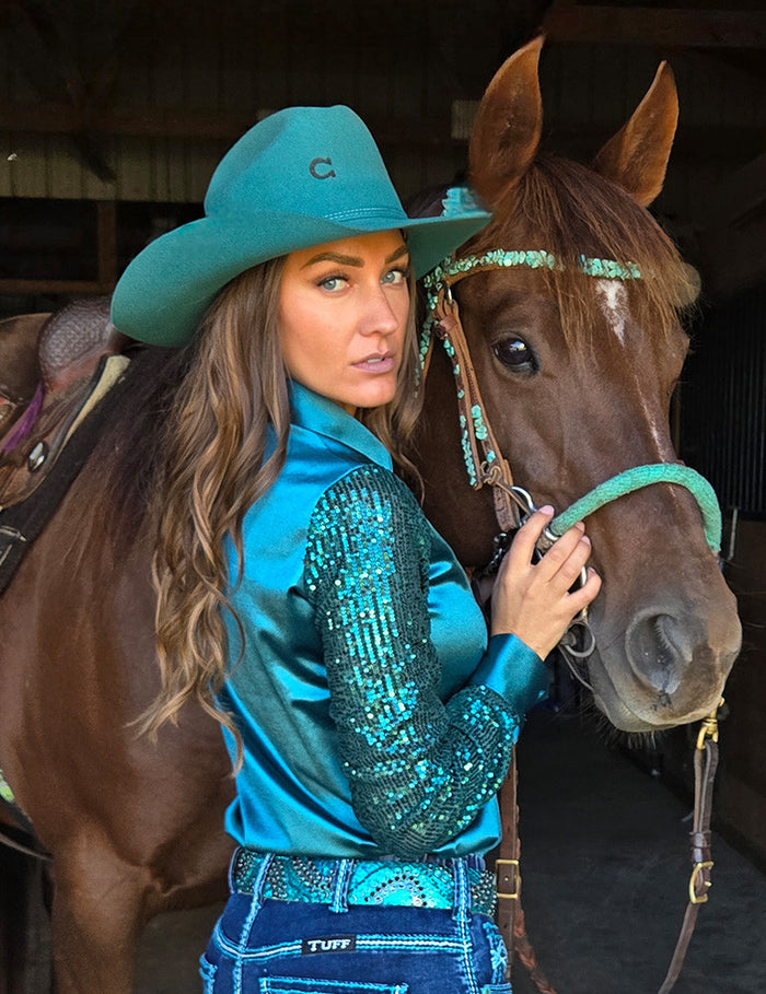 Cowgirl Tuff Pullover Arena Shirt - Turquoise Satin with Sequin Sheer Sleeves