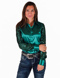 Cowgirl Tuff Pullover Arena Shirt - Turquoise Satin with Sequin Sheer Sleeves