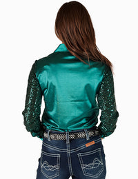 Cowgirl Tuff Pullover Arena Shirt - Turquoise Satin with Sequin Sheer Sleeves