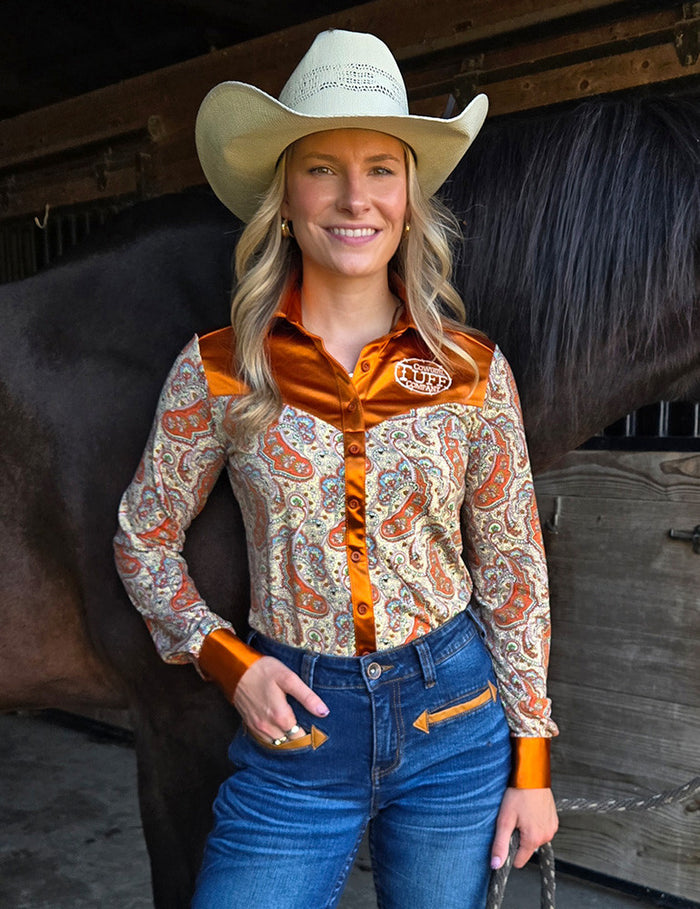 Cowgirl Tuff Pullover Arena Shirt - Copper Satin with Jersey Paisley