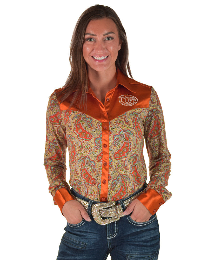 Cowgirl Tuff Pullover Arena Shirt - Copper Satin with Jersey Paisley