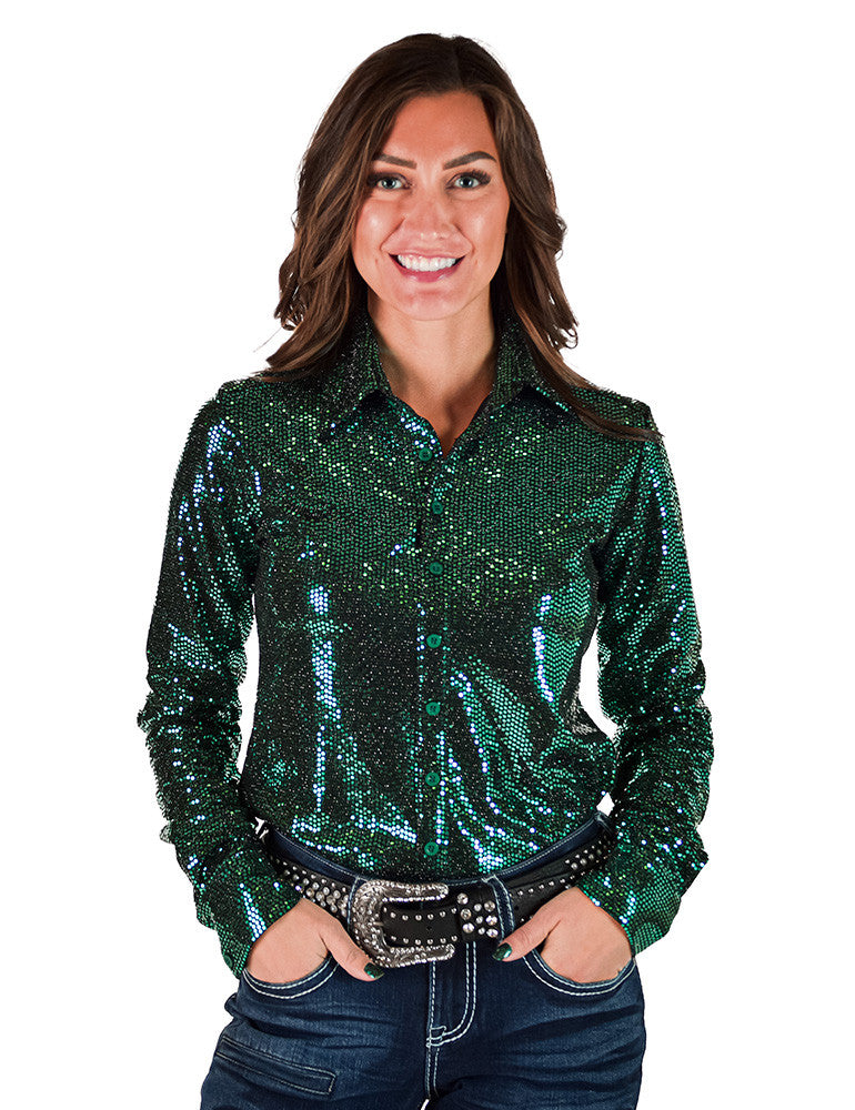 Cowgirl Tuff Pullover Arena Shirt - Emerald Sequin