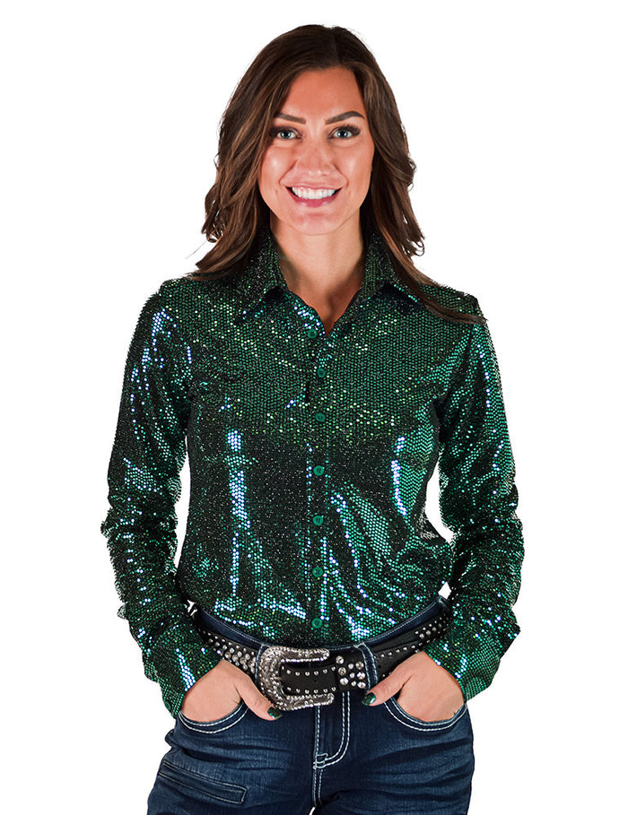 Cowgirl Tuff Pullover Arena Shirt - Emerald Sequin