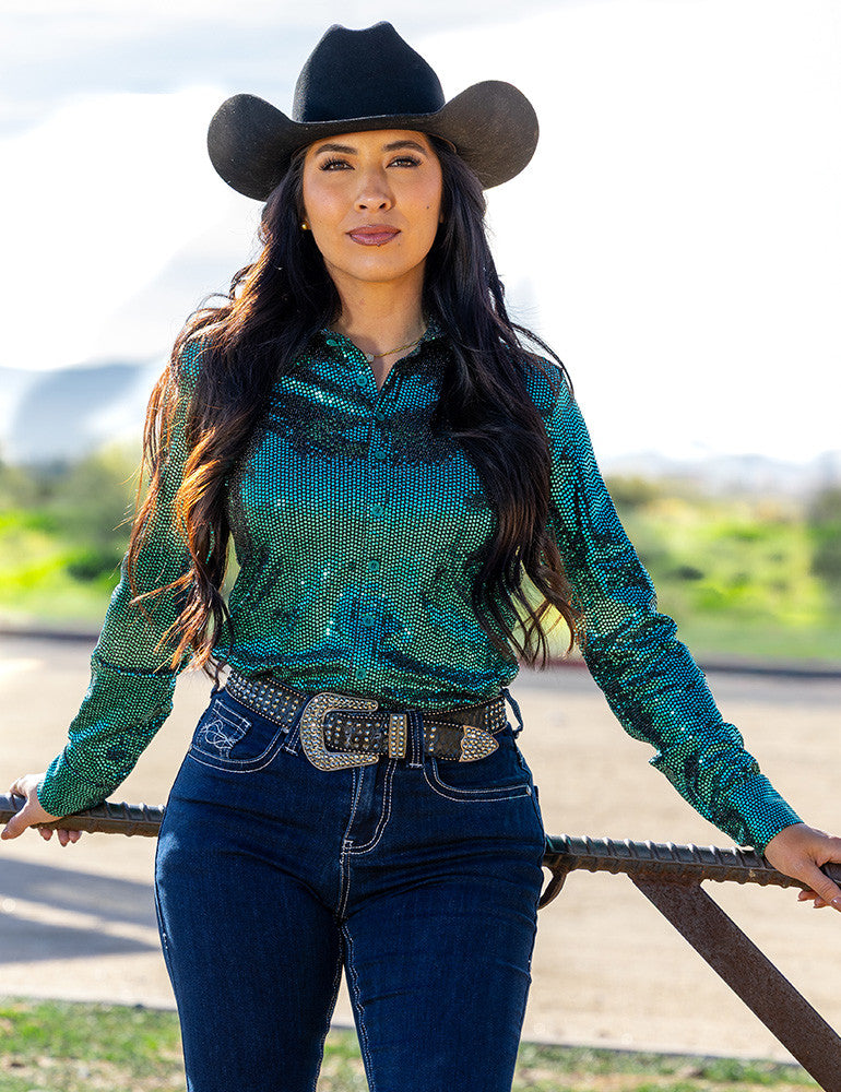Cowgirl Tuff Pullover Arena Shirt - Emerald Sequin