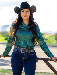 Cowgirl Tuff Pullover Arena Shirt - Emerald Sequin