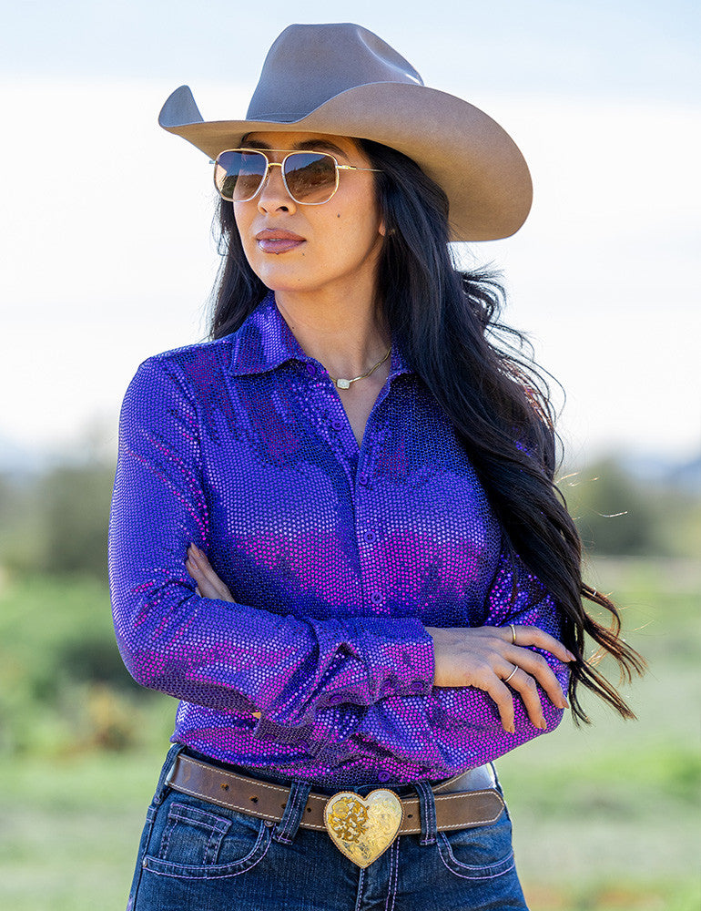 Cowgirl Tuff Pullover Arena Shirt - Purple Sequin