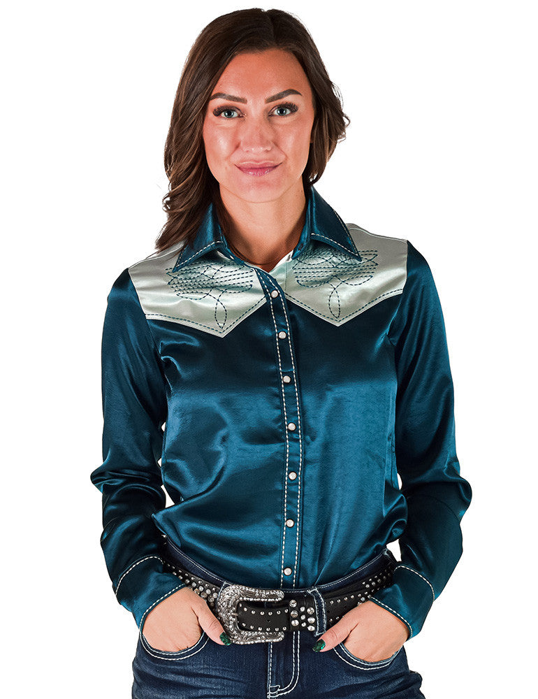 Cowgirl Tuff Pullover Arena Shirt - Dark Teal & Mint Satin With BootStitch Embroidery & Pearl Snaps