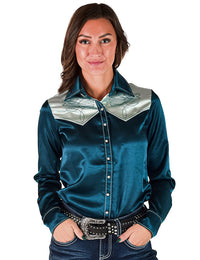 Cowgirl Tuff Pullover Arena Shirt - Dark Teal & Mint Satin With BootStitch Embroidery & Pearl Snaps