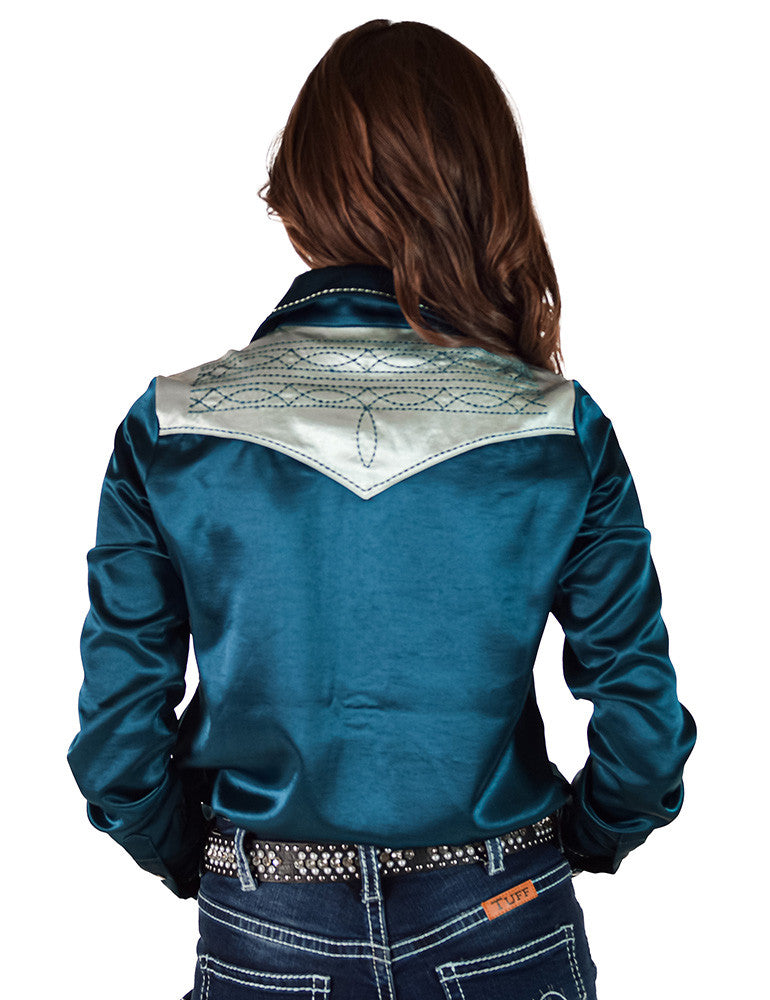 Cowgirl Tuff Pullover Arena Shirt - Dark Teal & Mint Satin With BootStitch Embroidery & Pearl Snaps