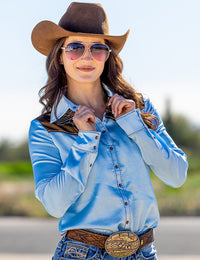Cowgirl Tuff Pullover Arena Shirt - Brown & Sky Blue Satin With Embroidered Bootstitch & Pearl Snaps