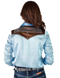 Cowgirl Tuff Pullover Arena Shirt - Brown & Sky Blue Satin With Embroidered Bootstitch & Pearl Snaps