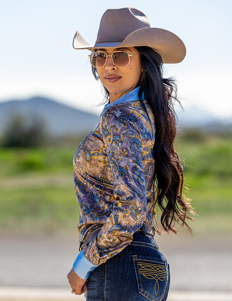 Cowgirl Tuff Pullover Arena Shirt - Tan & Sky Blue Paisley Satin
