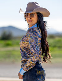 Cowgirl Tuff Pullover Arena Shirt - Tan & Sky Blue Paisley Satin