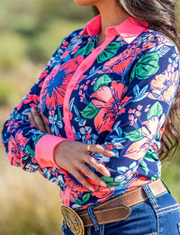 Cowgirl Tuff Pullover Arena Shirt - Navy & Watermelon Floral