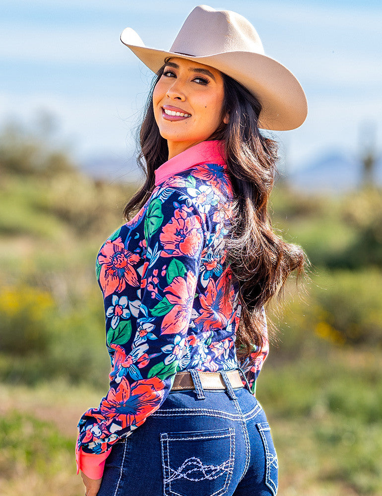 Cowgirl Tuff Pullover Arena Shirt - Navy & Watermelon Floral