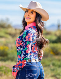 Cowgirl Tuff Pullover Arena Shirt - Navy & Watermelon Floral