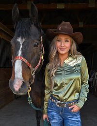 Cowgirl Tuff Pullover Arena Shirt - Sage & Vanilla Retro Bootstitch Embroidered Satin