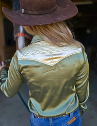 Cowgirl Tuff Pullover Arena Shirt - Sage & Vanilla Retro Bootstitch Embroidered Satin