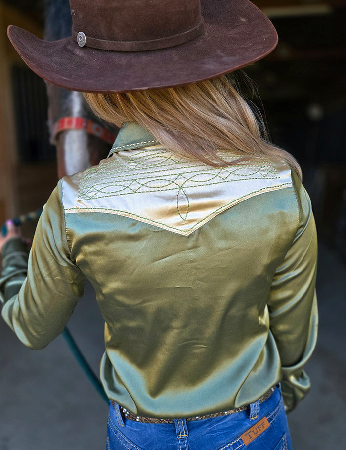Cowgirl Tuff Pullover Arena Shirt - Sage & Vanilla Retro Bootstitch Embroidered Satin
