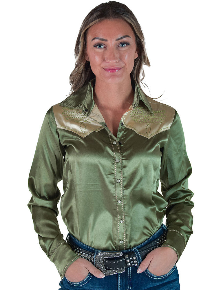Cowgirl Tuff Pullover Arena Shirt - Sage & Vanilla Retro Bootstitch Embroidered Satin