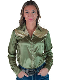 Cowgirl Tuff Pullover Arena Shirt - Sage & Vanilla Retro Bootstitch Embroidered Satin