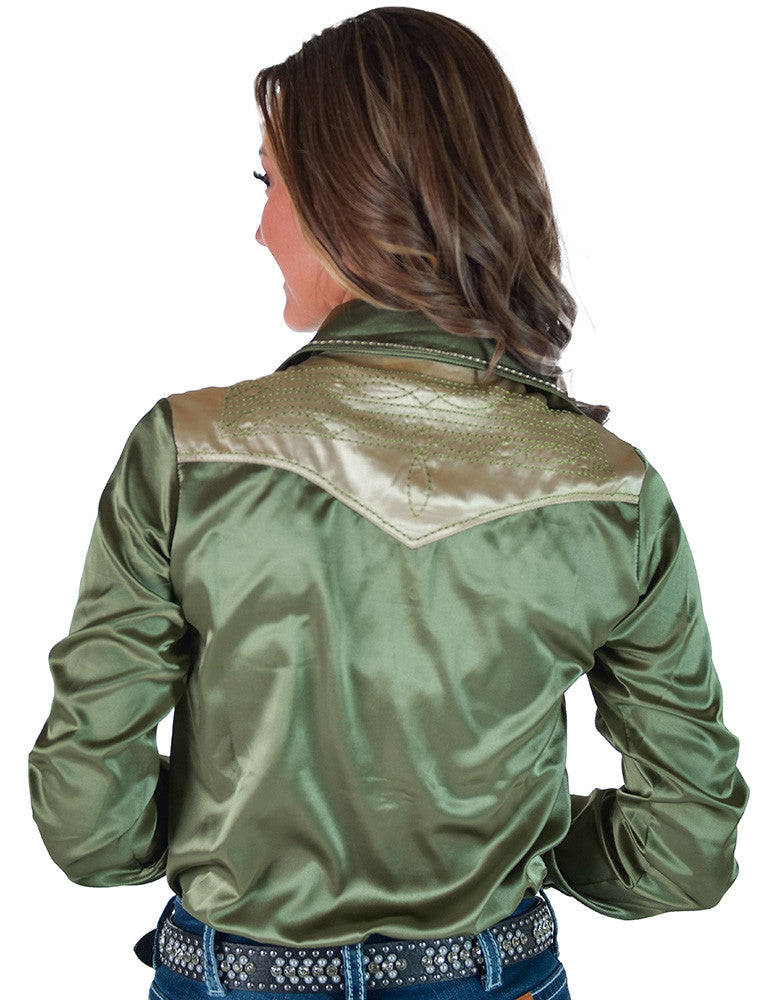 Cowgirl Tuff Pullover Arena Shirt - Sage & Vanilla Retro Bootstitch Embroidered Satin