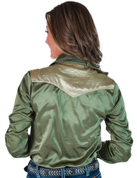 Cowgirl Tuff Pullover Arena Shirt - Sage & Vanilla Retro Bootstitch Embroidered Satin