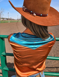 Cowgirl Tuff Pullover Arena Shirt - Rust & Turquoise Retro Bootstitch Embroidered Satin