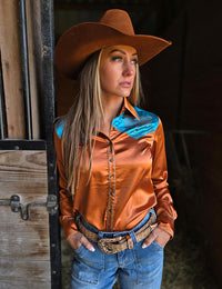 Cowgirl Tuff Pullover Arena Shirt - Rust & Turquoise Retro Bootstitch Embroidered Satin