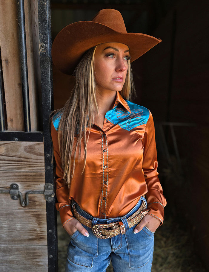 Cowgirl Tuff Pullover Arena Shirt - Rust & Turquoise Retro Bootstitch Embroidered Satin