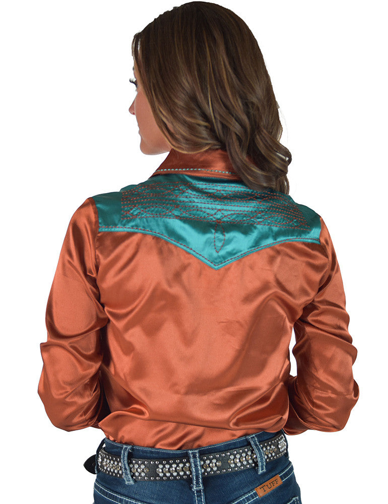 Cowgirl Tuff Pullover Arena Shirt - Rust & Turquoise Retro Bootstitch Embroidered Satin