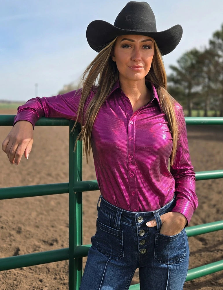 Cowgirl Tuff Pullover Arena Shirt - Fushia Pink Holographic