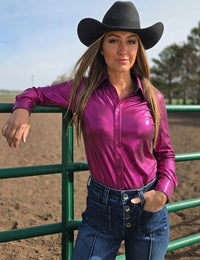 Cowgirl Tuff Pullover Arena Shirt - Fushia Pink Holographic