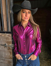 Cowgirl Tuff Pullover Arena Shirt - Fushia Pink Holographic