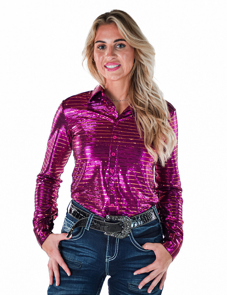 Cowgirl Tuff Pullover Arena Shirt - Hot Pink With Copper Sequins