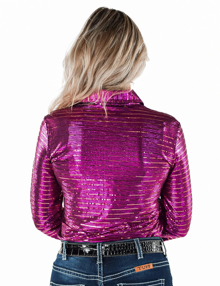 Cowgirl Tuff Pullover Arena Shirt - Hot Pink With Copper Sequins