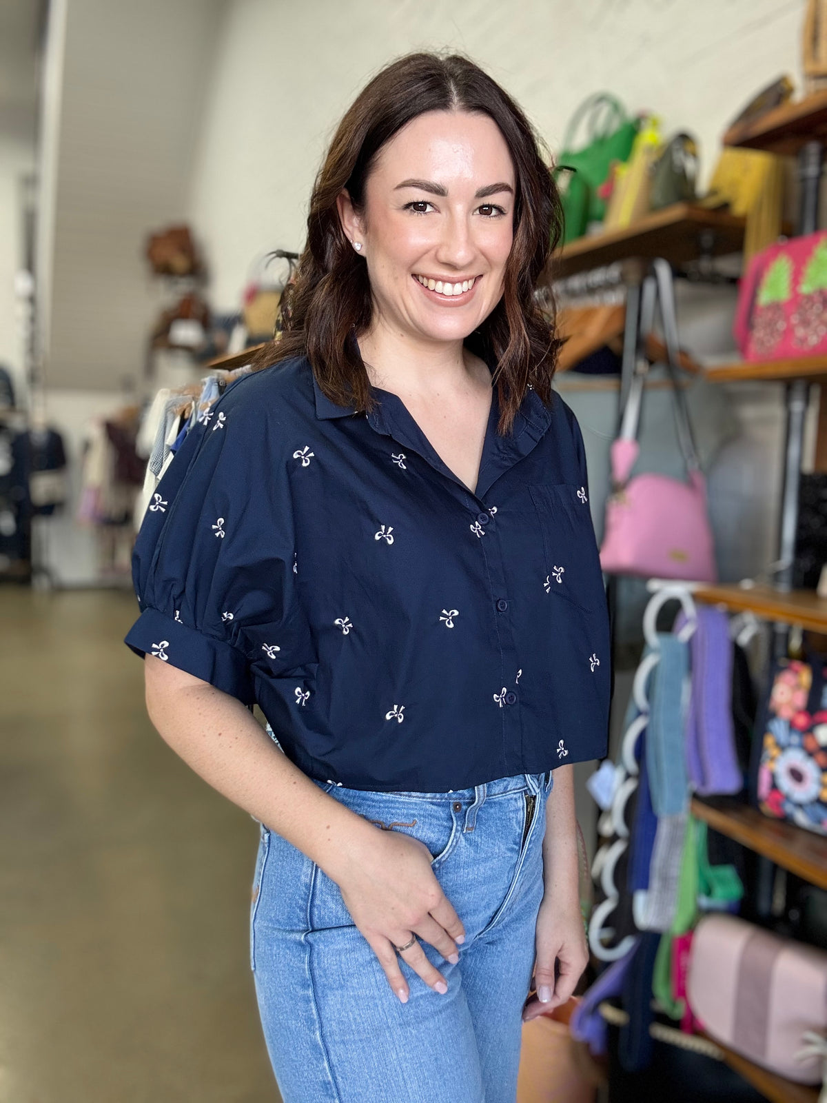 Seili Crop Top - Navy With Bows