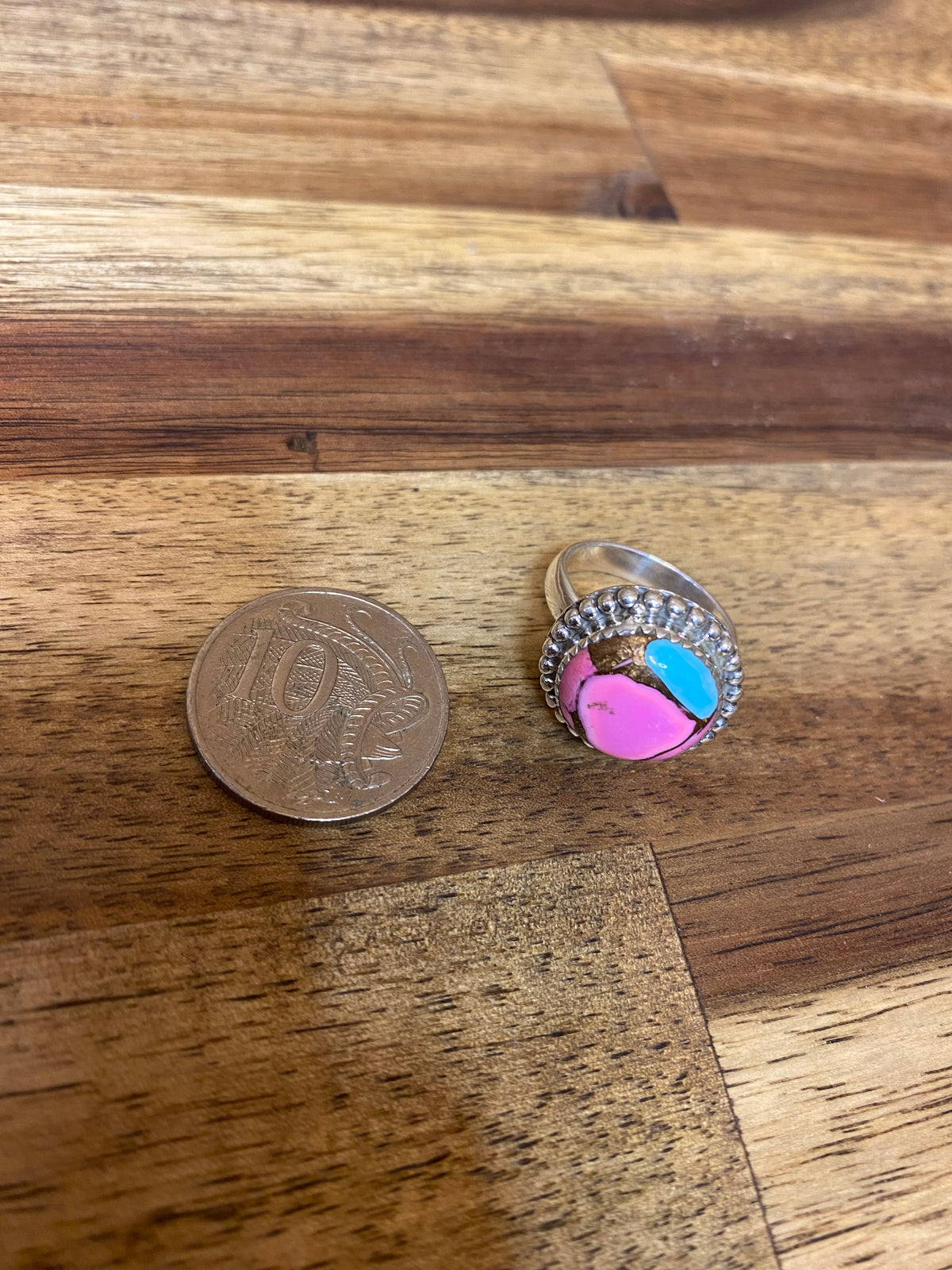 Taffy Adjustable Ring - Silver Pink Turquoise