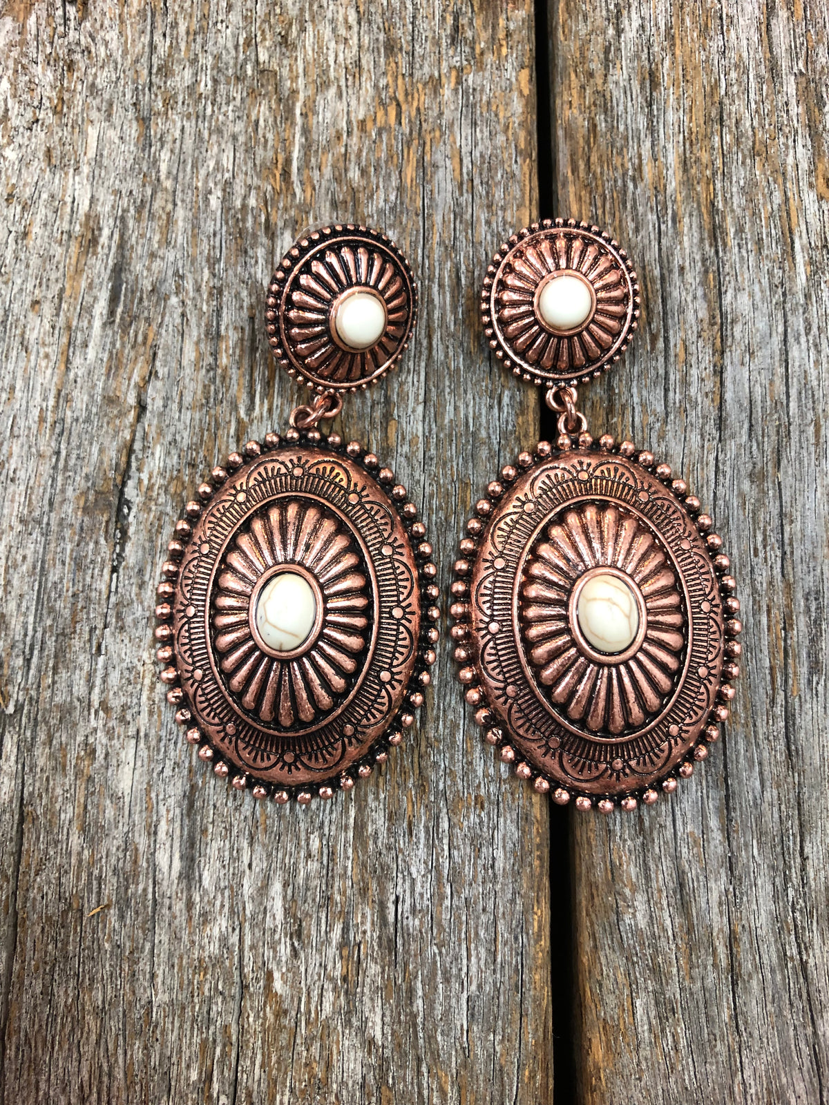 Western Earrings - Burnished Copper and Stone Concho