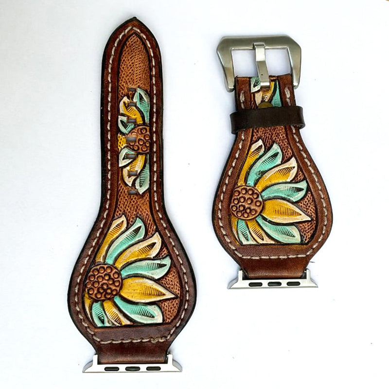 Leather Apple Watch Band - Yellow and Turquoise Sunflower