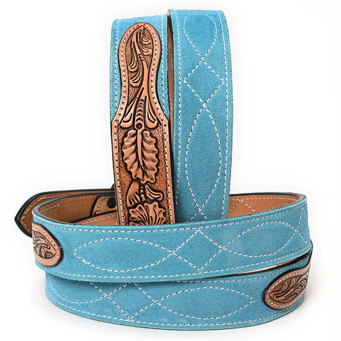 Western Belt - Floral Tooled Tuquoise Suede