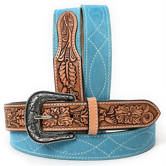 Western Belt - Floral Tooled Tuquoise Suede