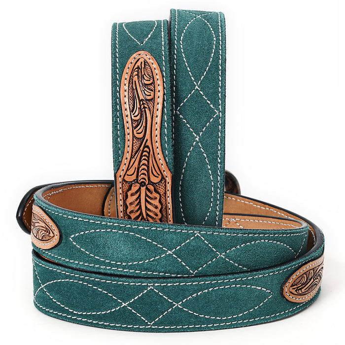 Western Belt - Floral Tooled Green Suede