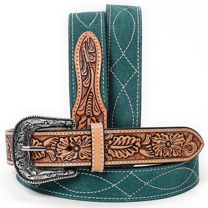 Western Belt - Floral Tooled Green Suede