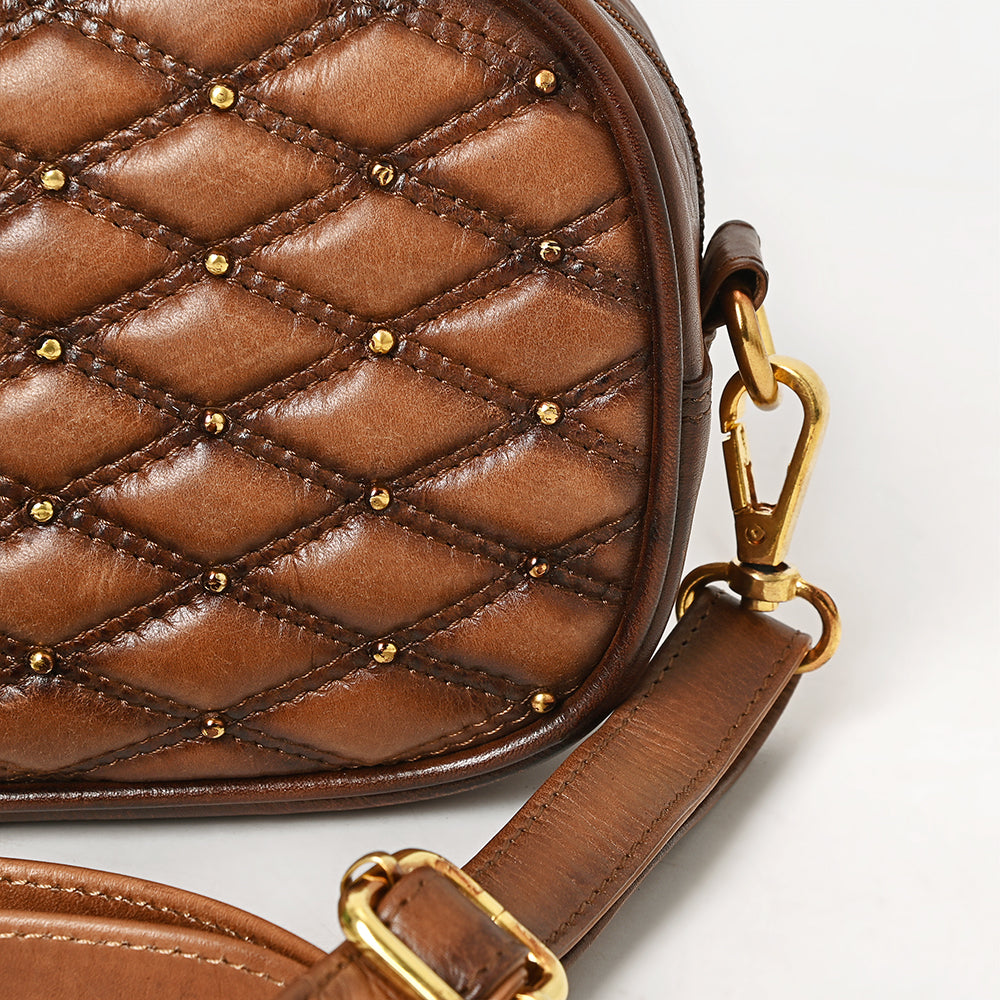 Mia - Quilted Leather Oval Bag with Gold Stud Accents