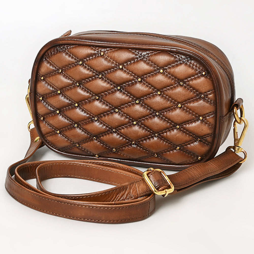 Mia - Quilted Leather Oval Bag with Gold Stud Accents