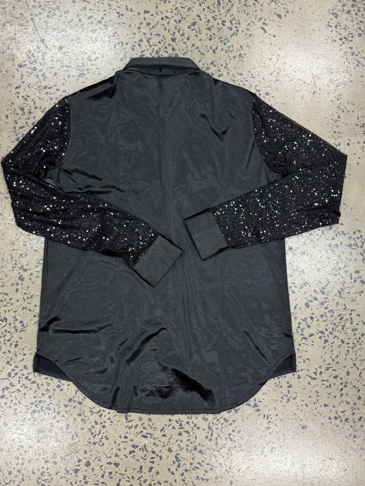 Cowgirl Tuff Pullover Arena Shirt - Black Satin with Sheer Sequin Sleeves