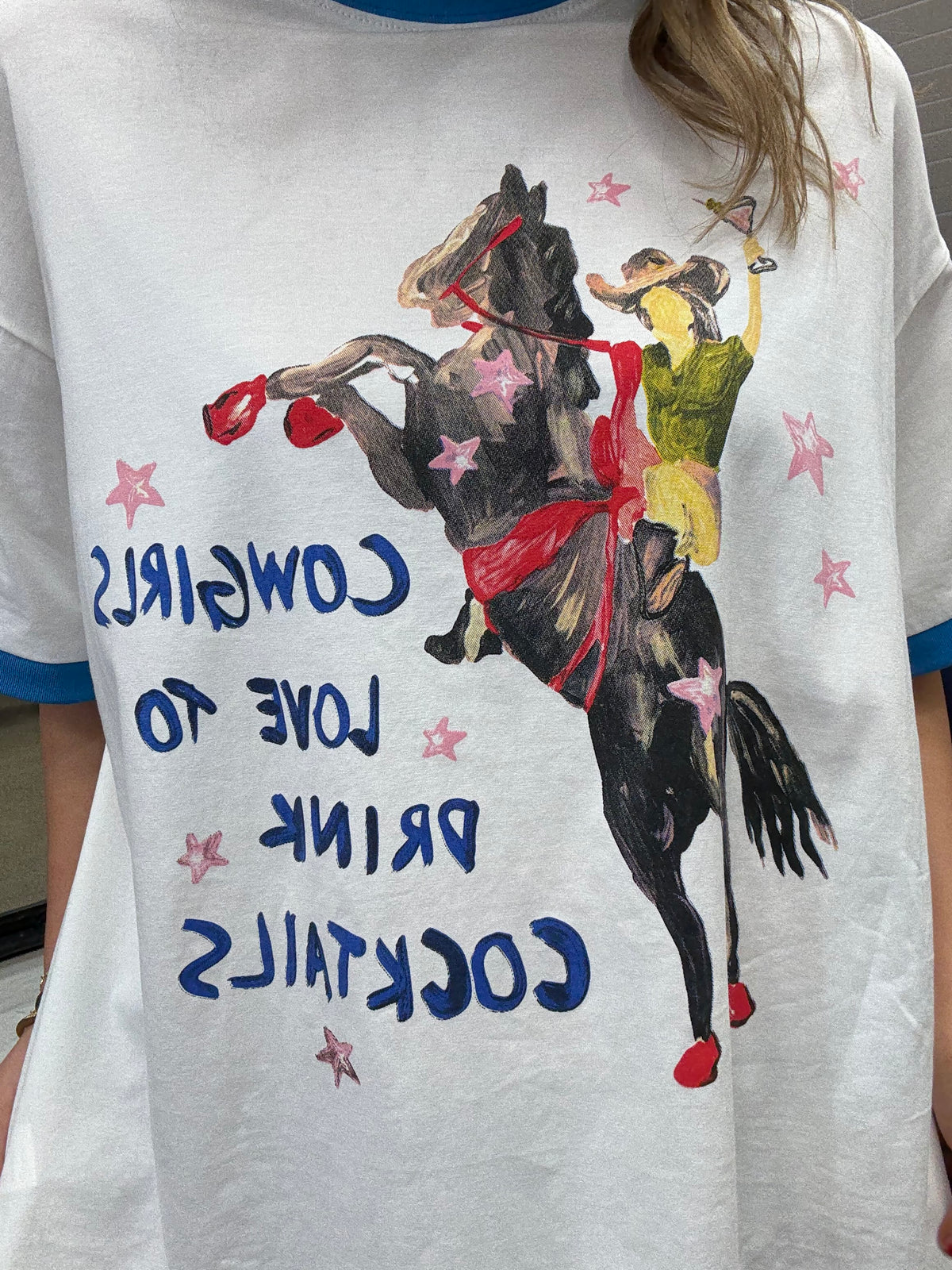 Cowgirls & Cocktails Oversized Tee - White & Blue