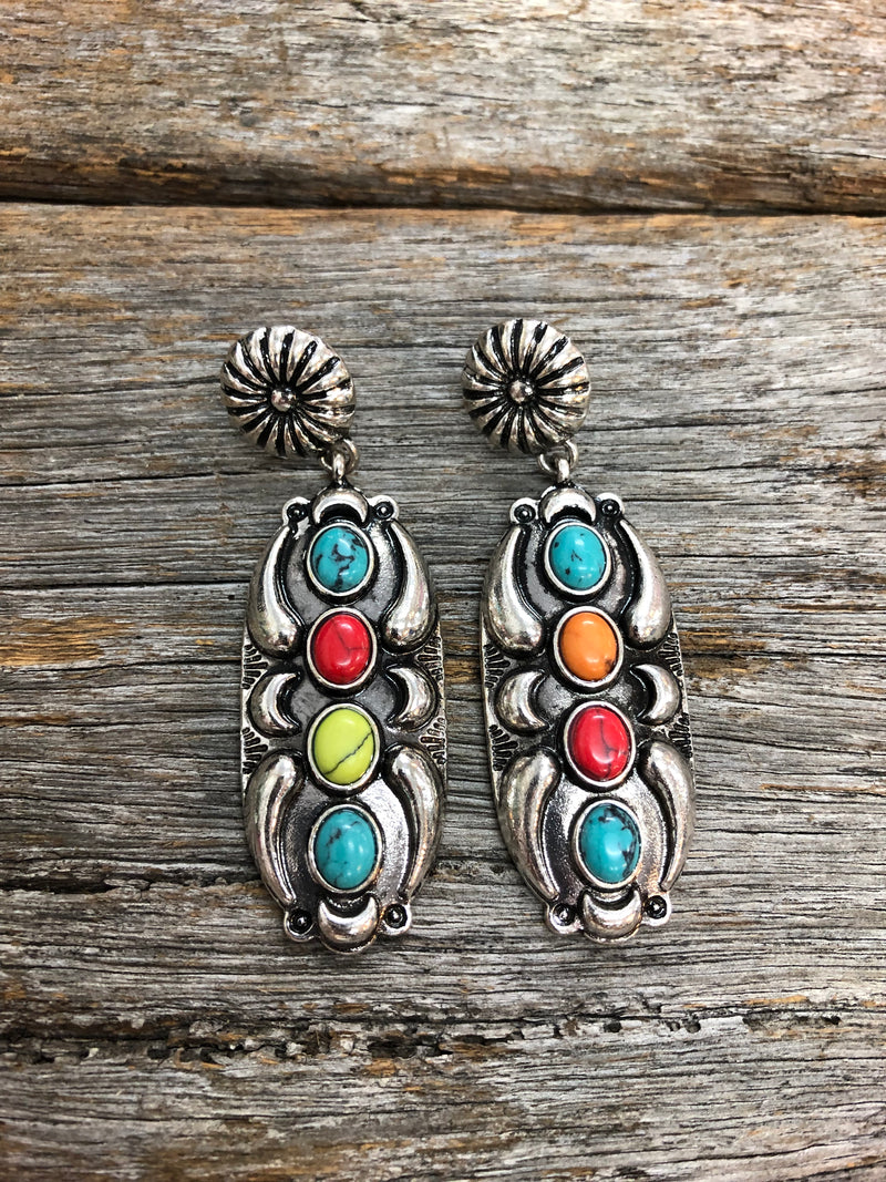Western Earrings - Navajo Bronze Concho Drop Multi-Coloured