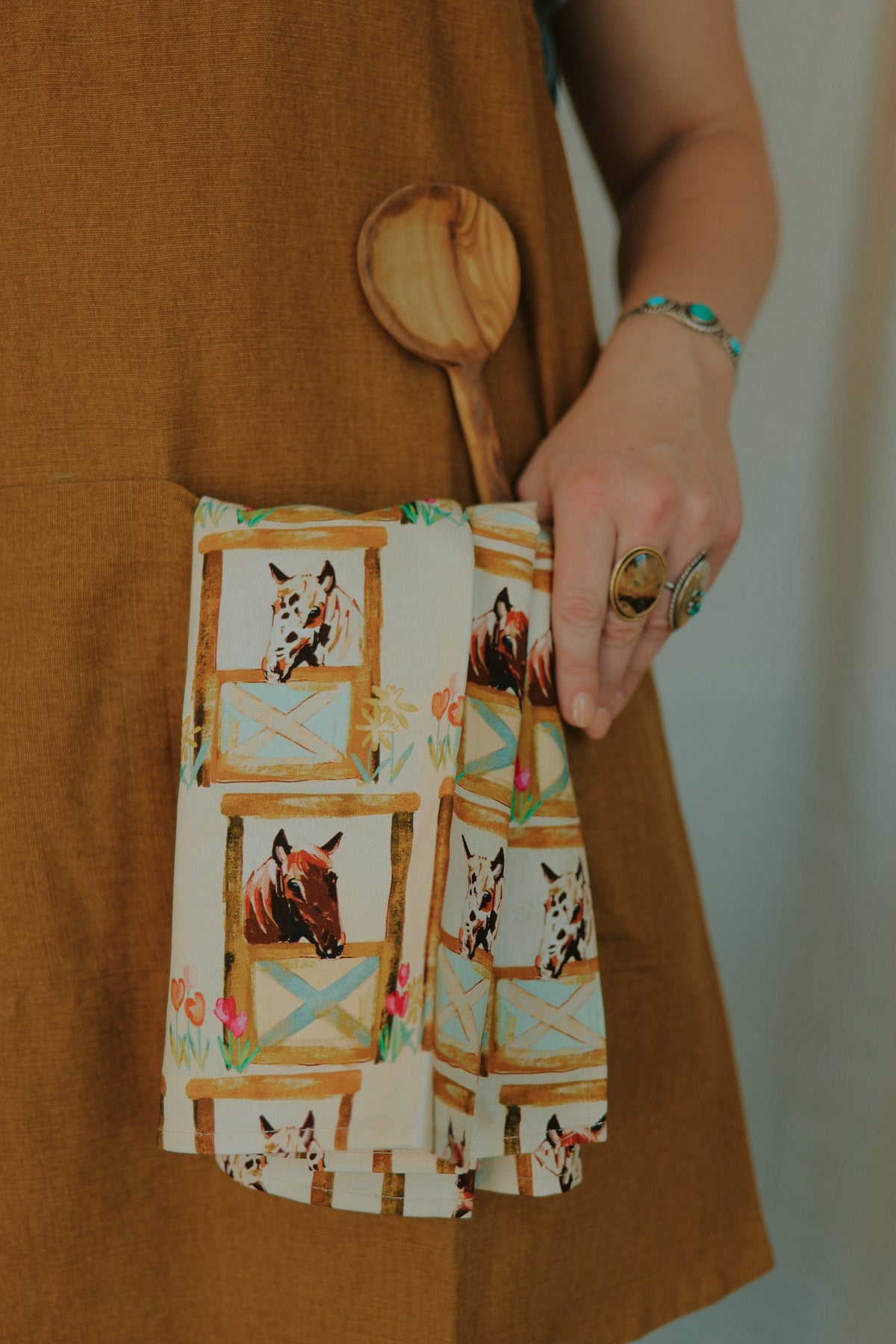 Kitchen Tea Towel - Horses in the Barn with Flowers